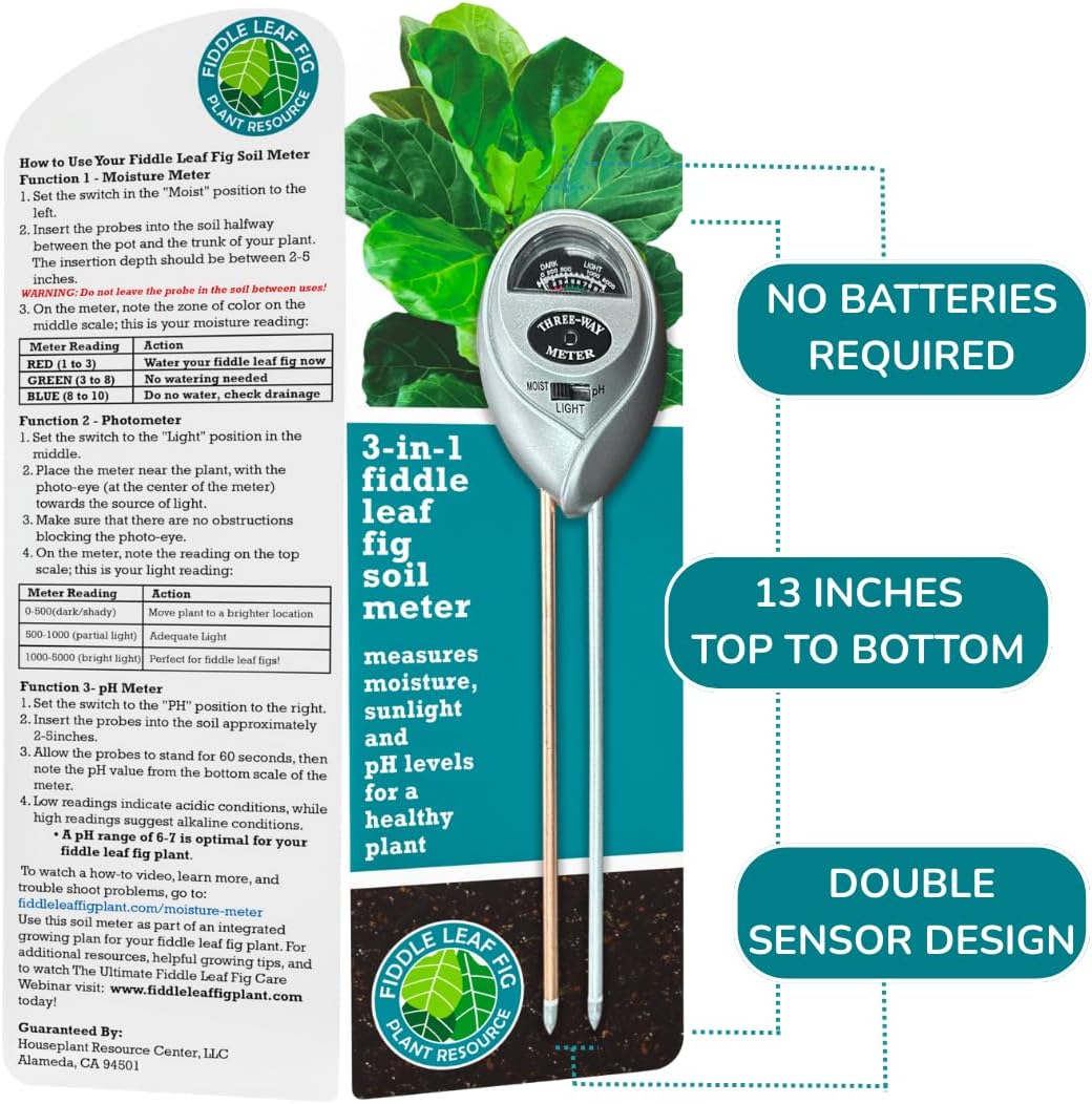 Fiddle Leaf Fig 3-in-1 Soil Meter — Measures Light, Moisture & pH for Optimal Growth | Battery-Free