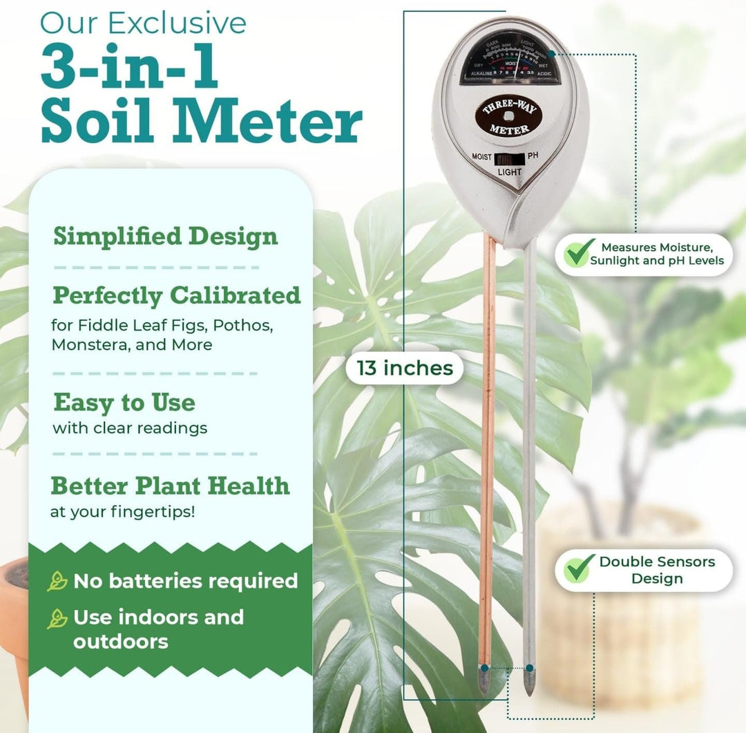 Houseplant 3-in-1 Soil Meter — Measures Light, Moisture & pH for Optimal Growth | Battery-Free