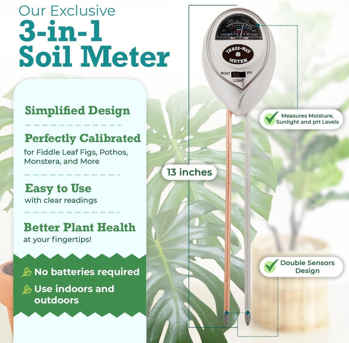 Houseplant 3-in-1 Soil Meter — Measures Light, Moisture & pH for Optimal Growth | Battery-Free